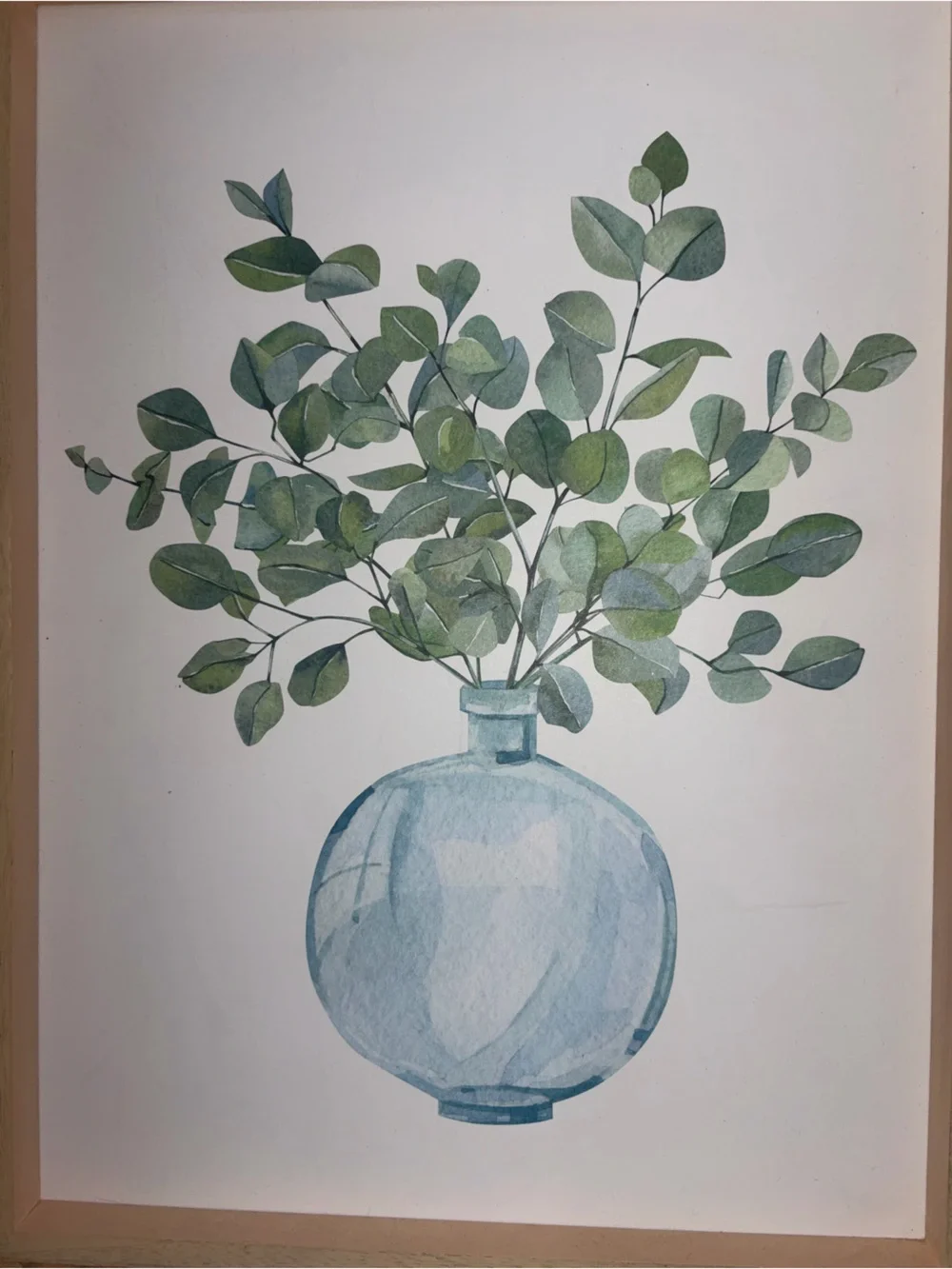 Framed Blue Vase and Green Eucalyptus Wall Art in Natural Wood
